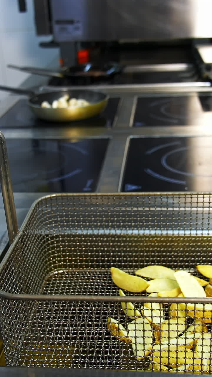 Cooked crispy potato in deep fryer. Golden potato pieces ready to eat. Deep fryer in the restaurant kitchen. Vertical video