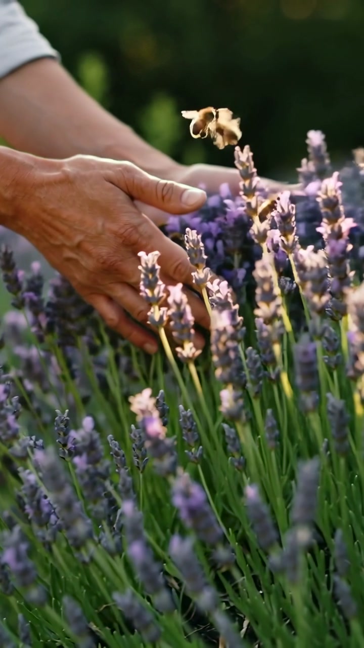 Vertical video: Brushing gardener hands over lavender bed, disturbing bees, tending plants, cuffed