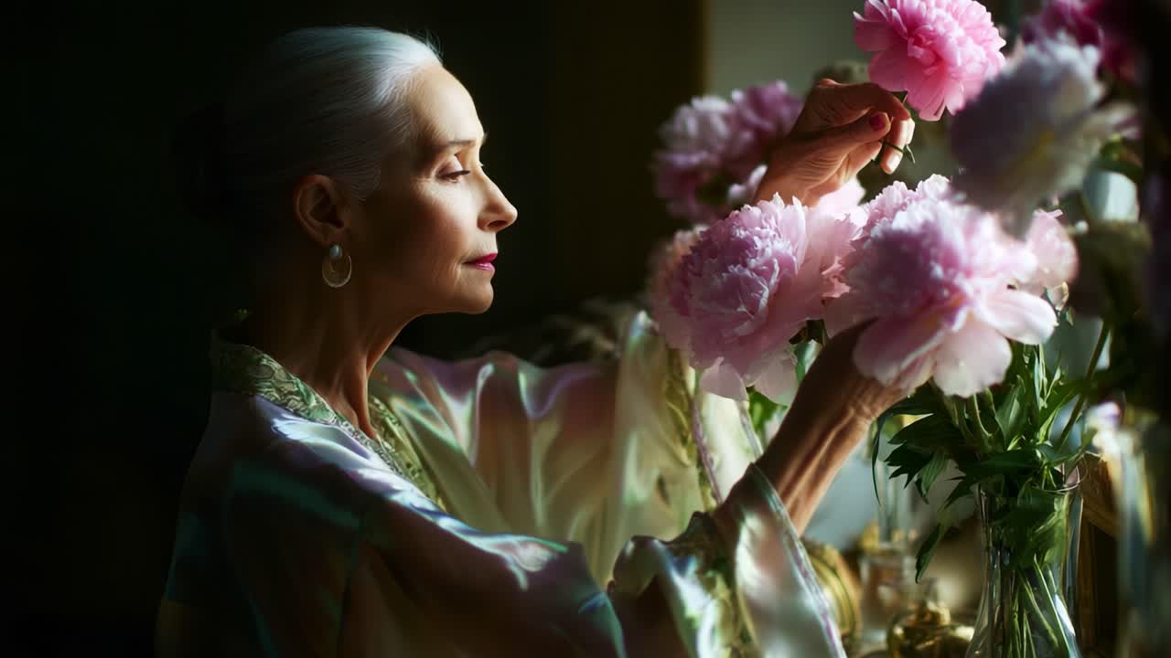 A Serene Moment: An Elegant Woman in a Soft Silk Robe Tending to Lush Pink Peonies, Capturing the Essence of Beauty and Tranquility in a Sunlit Room
