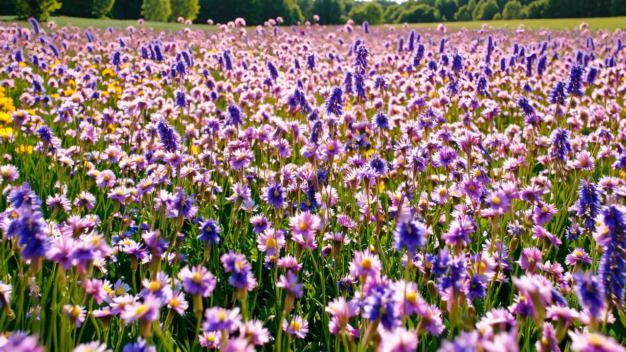 Champ éclatant de fleurs sauvages violettes et blanches en pleine floraison, capturé en contre-plongée