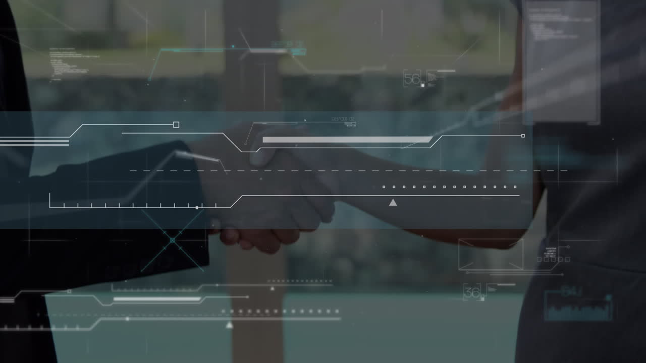 Animation of data processing over businessman handshake
