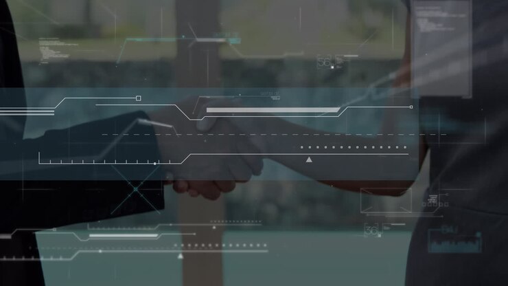 Animazione di elaborazione dati su stretta di mano tra uomini d'affari