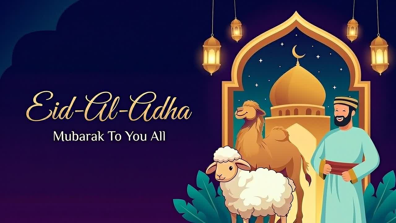 Animazione banner di auguri Eid al-Adha con cammello, pecora e uomo in abiti tradizionali in piedi accanto all'ingresso illuminato della moschea su sfondo blu decorativo.
