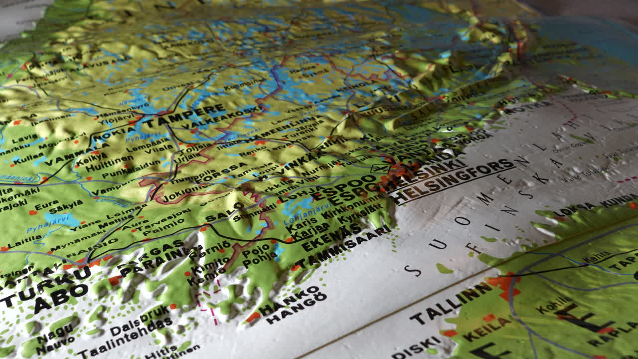 Close up of Finland and Europe on 3D terrain globe map