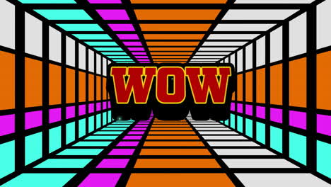 animation of wow text over digital colourful tunnel