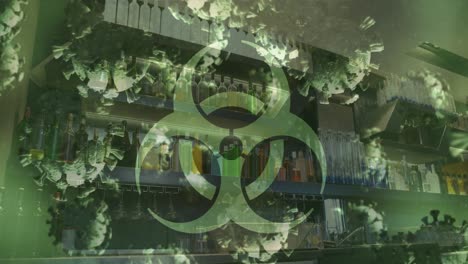 Animation-of-covid-19-cells-floating-over-biohazard-symbol-and-empty-bar