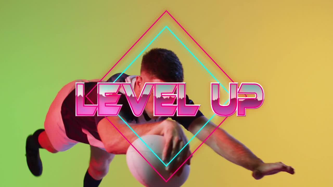 Level up text animation over person dancing on colorful background