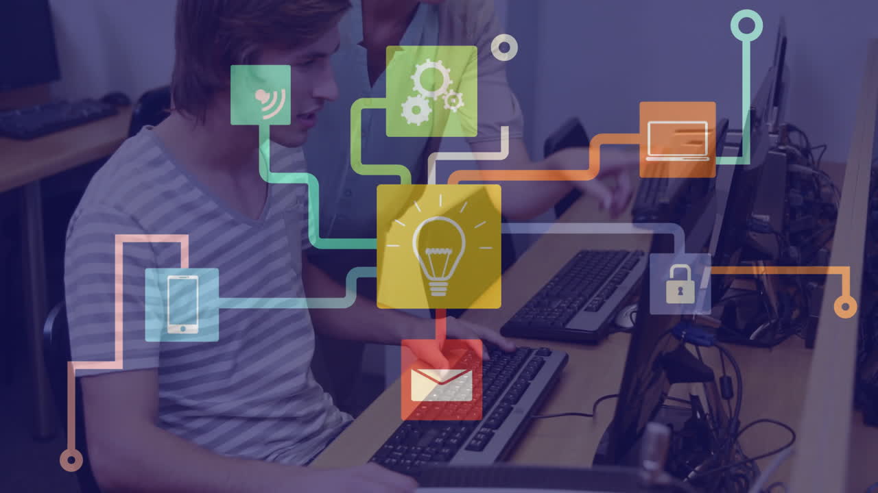 animación de la red con iconos y procesamiento de datos sobre hombre caucásico usando computadora