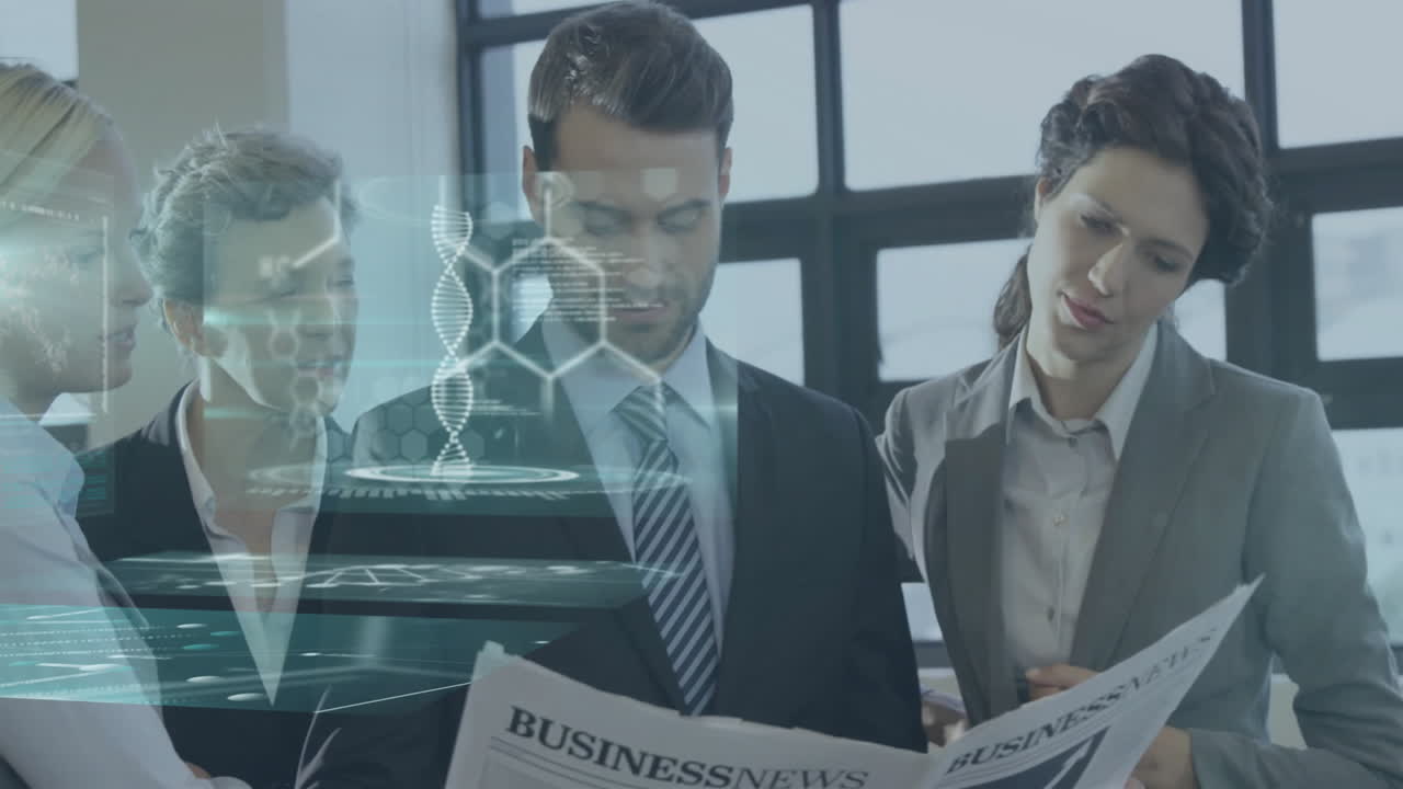 Reading newspaper, business professionals with DNA strand and data animation