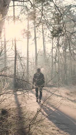 man walking through a foggy winter forest at sunrise