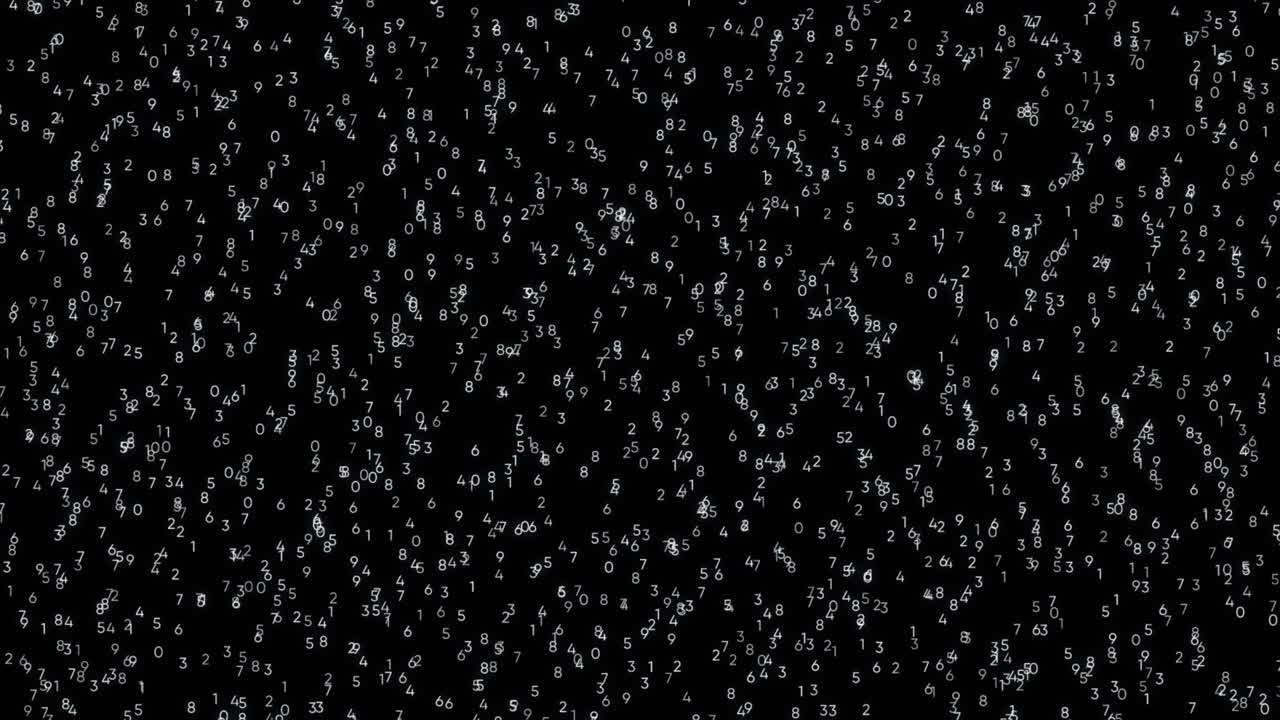 0에서 9까지의 값을 변경하는 작은 숫자를 날아다니는 검은 추상적인 배경.