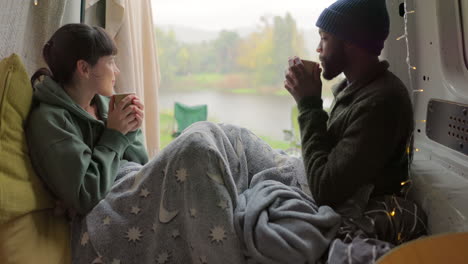 camping, coffee and a couple in a car with a toast