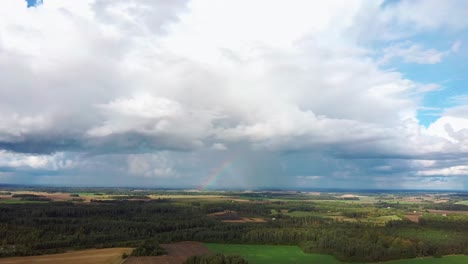 El-Arco-Iris-Sobre-El-Campo-De-Cultivo-Con-Trigo-Floreciente,-Durante-La-Primavera,-Vista-Aérea-Bajo-Nubes-Pesadas-Antes-De-La-Tormenta-4