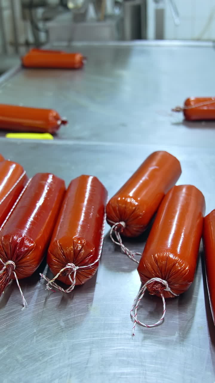 Ouvriers attachant des saucisses finies. Les ouvriers terminent la fabrication de la saucisse et la façonnent