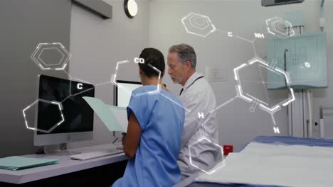 animation of chemical formulas over diverse male doctors using computer