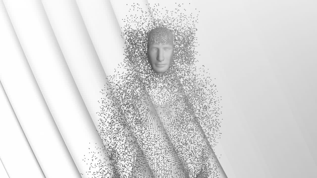 анимация человеческого тела, образованная взрывающимися частицами на 3d белом фоне