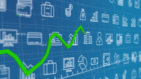 animating green line graph over financial and business icons on blue background