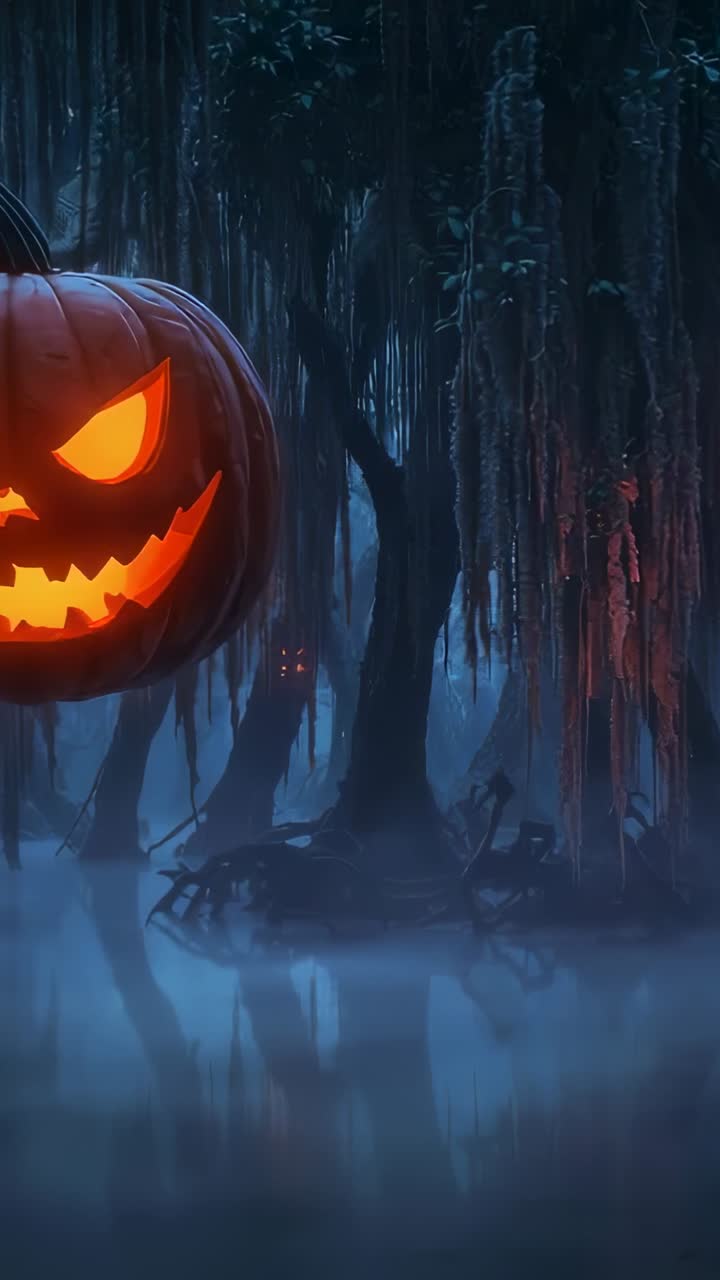 Vertical video: Starting pan moving past pumpkin revealing swamp with Spanish moss, copy space