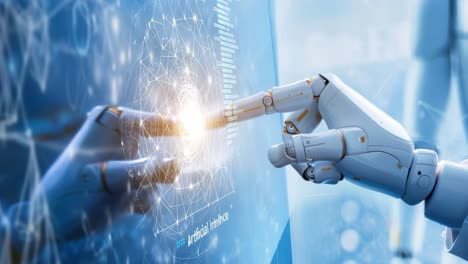 futuristic concept of ai with a robotic hand touching a digital interface