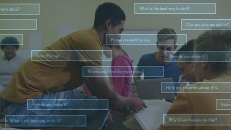 animation of chat texts over diverse students using laptop