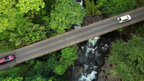 Narrow-road-bridge-where-several-vehicles-pass-through-green-rainforest-landscape