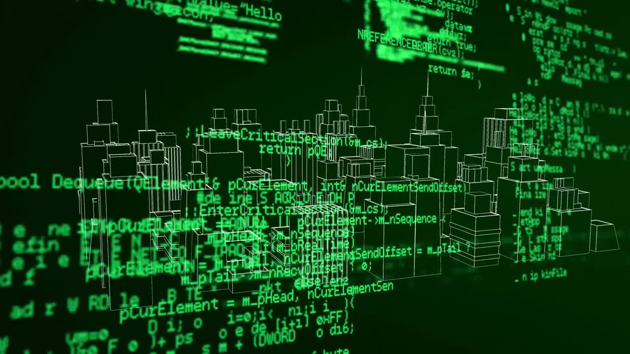 Digital animation of data processing over 3d city model spinning on black background