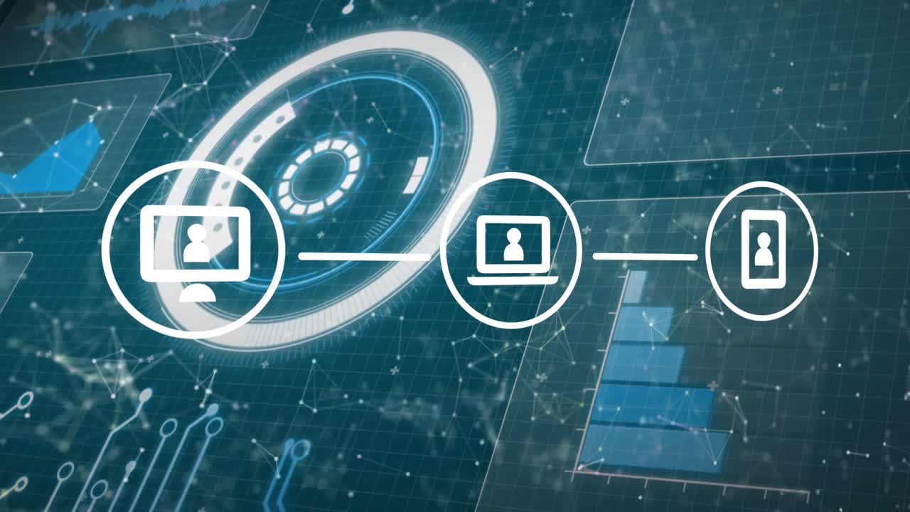 animación de iconos con red de conexiones y pantallas de procesamiento de datos