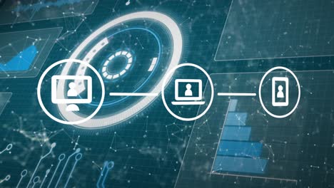 animation of icons with network of connections and data processing screens