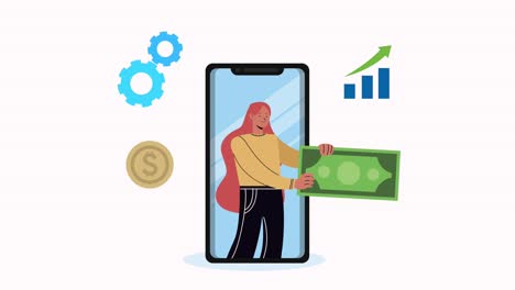 young woman with dollar in smartphone