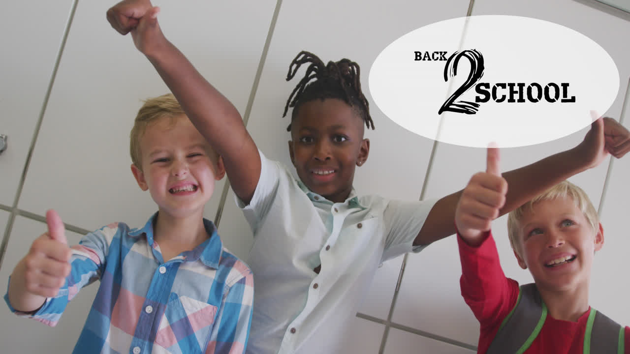 Animation of back to school text over happy diverse school kids