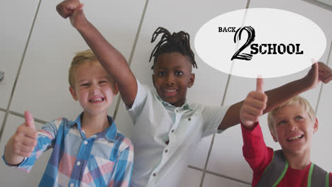 animation of back to school text over happy diverse school kids