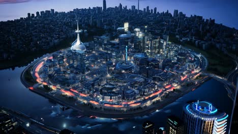 night aerial view of a vibrant cityscape with glowing buildings