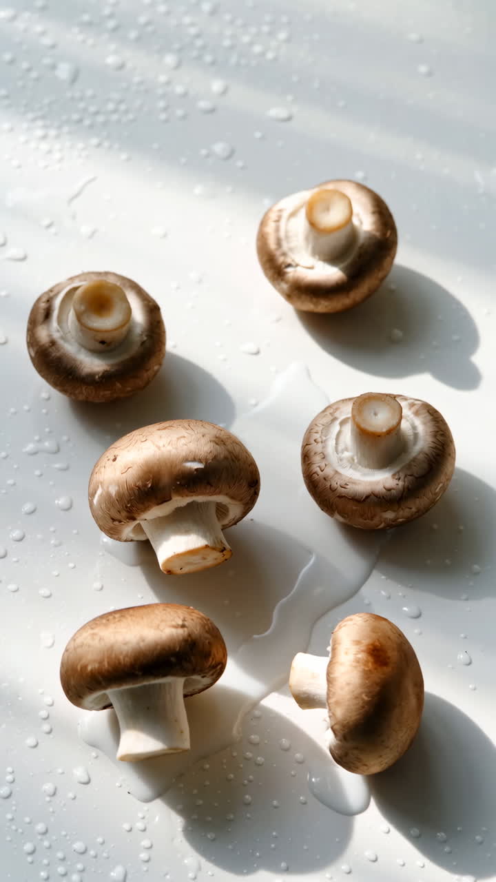Fresh Brown Mushrooms on a Wet White Surface