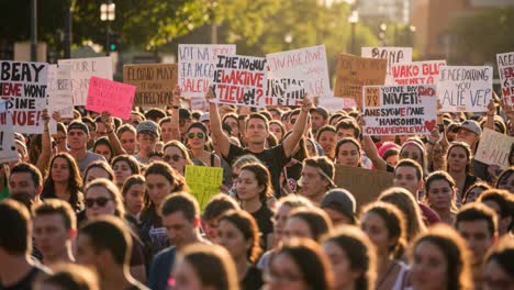 a powerful gathering of activists holding signs and chanting for change, uniting in solidarity to demand attention to important social issues reflecting passion and determination