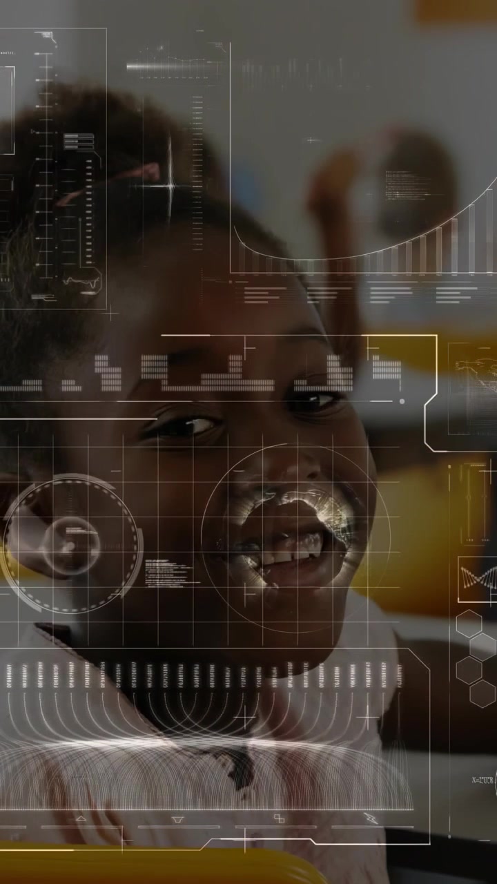 Vertical video: Camera moving closer, student leaning answering teacher, HUD radar graphs hovering