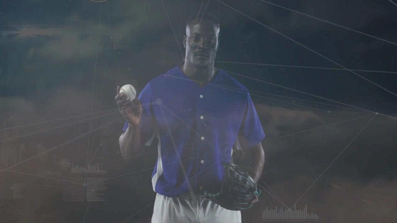 Giocatore di baseball che cambia la presa facendo girare la palla sul dito, mostrando tecnologia sportiva con icone di dati