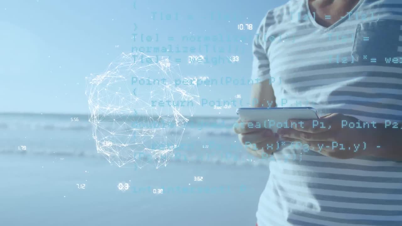 스마트 폰을 사용하는 혼합 인종 남성의 데이터 처리 및 전 세계 애니메이션