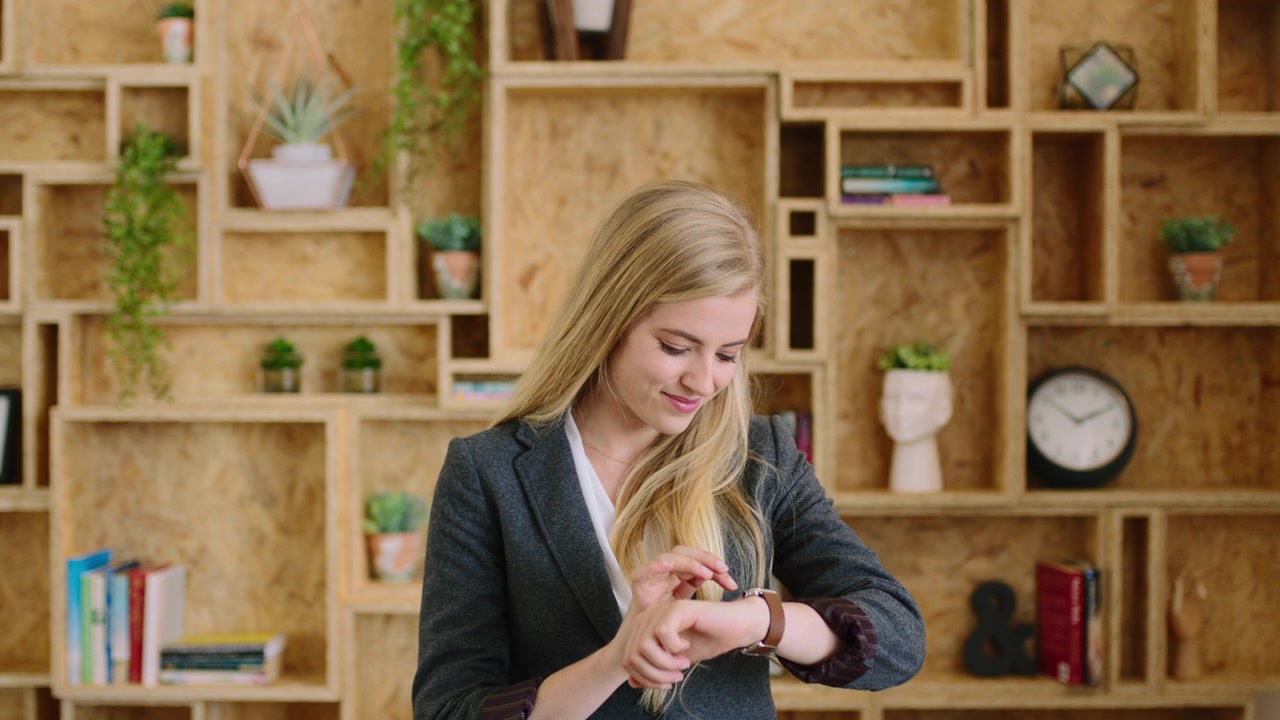 Young Businesswoman Checking Time on Smartwatch in Modern Office