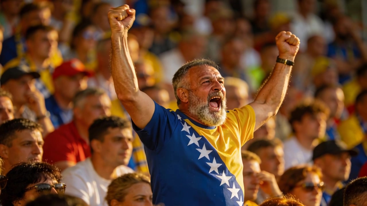 Aficionado barbudo animando, levantando los brazos tras un momento del partido en el estadio, con camiseta azul y amarilla.