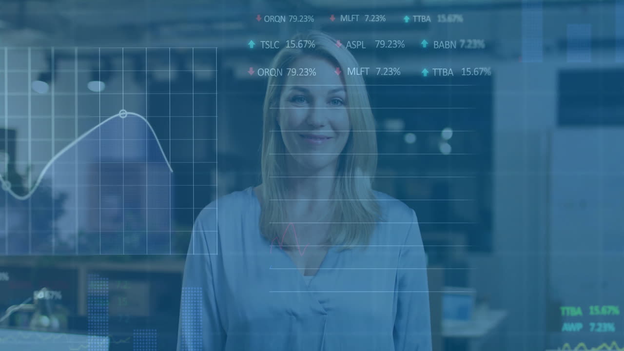 Animation of financial data processing over caucasian businesswoman in office