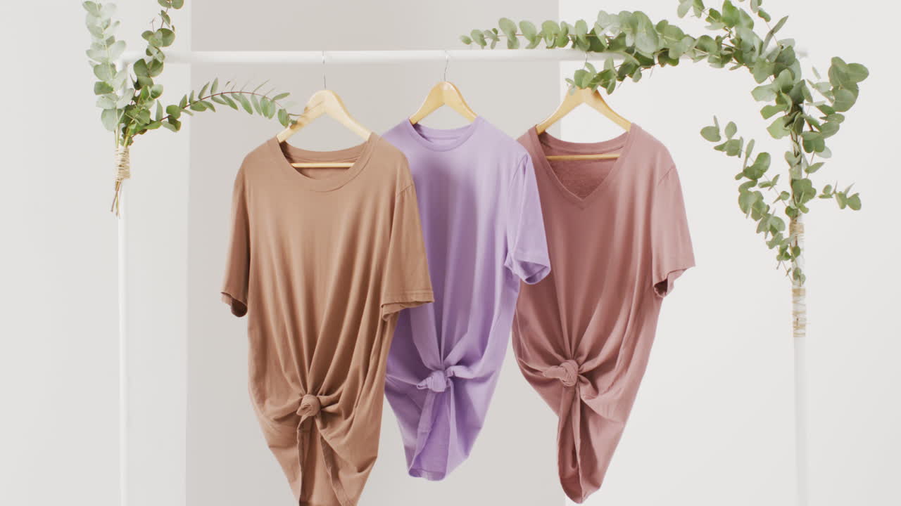 Video ravvicinato di magliette bianche, beige e viola appese su sfondo bianco