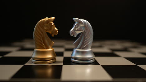 Cinematic-shot-of-white-and-yellow-horse-chess-pieces-on-a-chess-board,-preparation-of-two-opponent-players