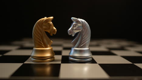 cinematic shot of white and yellow horse chess pieces on a chess board, preparation of two opponent players