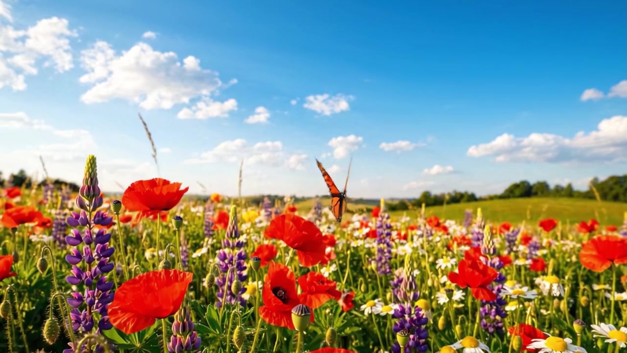 Un prato vibrante fiorisce con fiori selvatici colorati sotto un cielo azzurro limpido, mostrando la bellezza della natura in piena fioritura durante una giornata luminosa