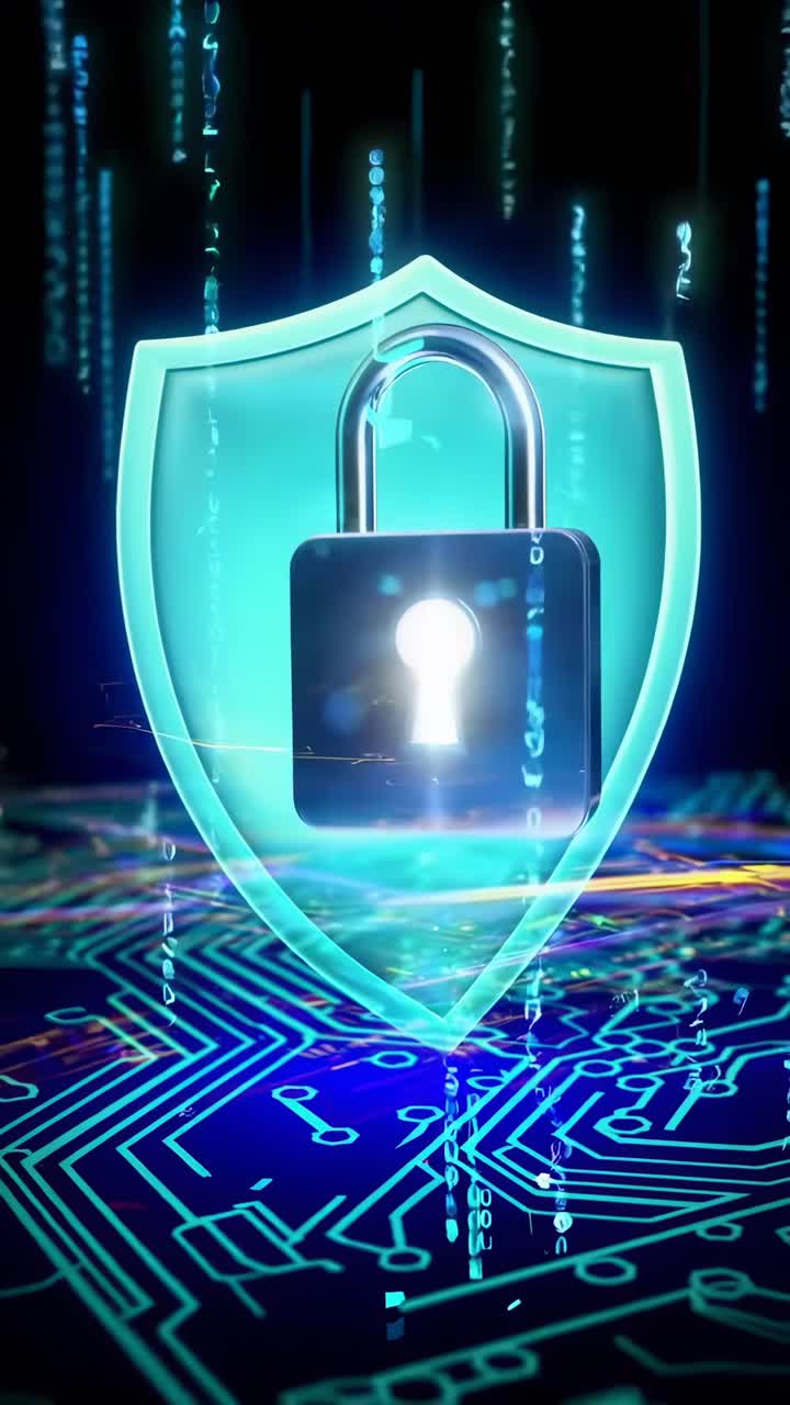 Futuristic video concept with a low-angle view of a digital lock on a circuit board