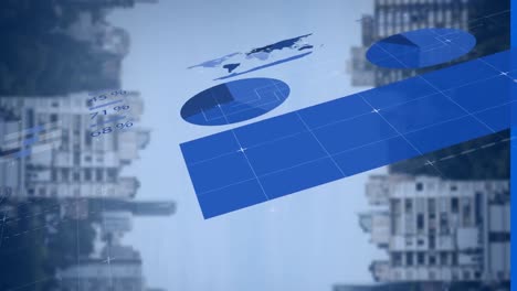 animación de la interfaz infográfica de color azul sobre edificios modernos contra el cielo