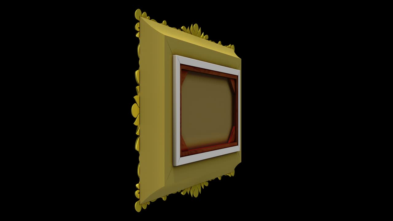 Gold picture frame rotates around on black background, seamless loop. 3D animation with tv noise and green screen.