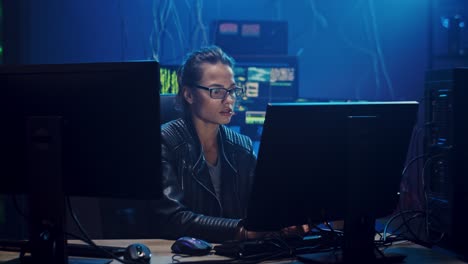 female beautiful developer or hacker in the glasses programming at the two big screen of computers in the dark software room with high technologies