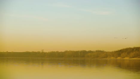 Vögel,-Die-Während-Eines-Gelben,-Nebligen-Sonnenuntergangs-über-Einem-Ruhigen-See-Fliegen