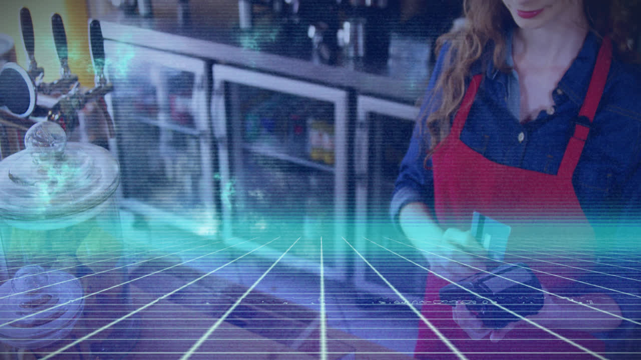 신용카드로 지불하는 백인 여성 위의 빛의 흔적 애니메이션